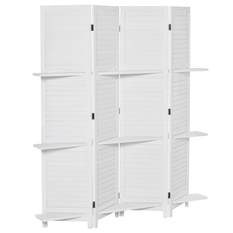 HOMCOM Innenraum-Paravent 4 Paneele 160L x 170H cm 3 Regale Faltbarer Raumteiler Jalousietüren Paulownia-Holz Weiß Aosom – Bild 1 von 2