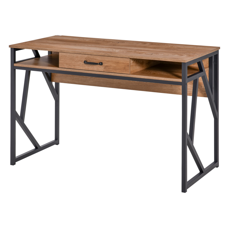 HOMCOM Schreibtisch im Industriestil dim. 120L x 60B x 76H cm mit Schublade + 2 Fächern Metallgestell Schwarz Arbeitsplatte in Nussbaumoptik Aosom – Bild 1 von 2