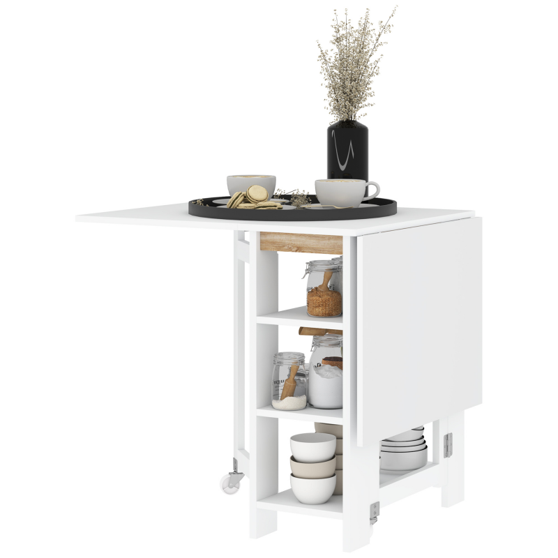 HOMCOM Klappbarer Esstisch, zusammenklappbarer Küchentisch, auf Rollen, mit 2 Klappen und 3 Regalen, modernes Design, Küchentisch für kleine Räume, 120 x 60 x 75 cm, weiß Aosom – Bild 1 von 2