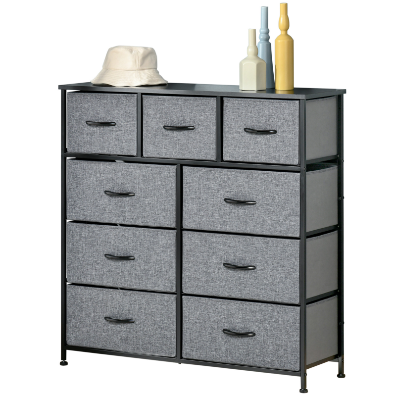 HOMCOM Kommode 9 Schubladen Aufbewahrungsmöbel faltbare Stoffschubladen - schwarze Stahlstruktur - 100 x 30 x 100 cm, Schlafzimmer, Eingang, Wohnzimmer, Schwarz und Grau Aosom – Bild 1 von 2