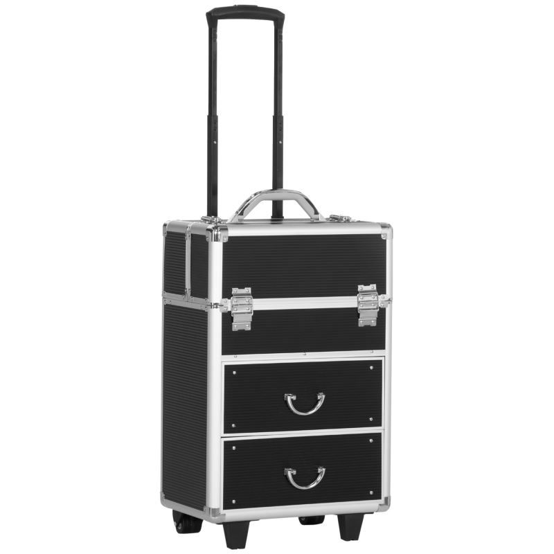 HOMCOM Trolley-Kosmetikkoffer Make-up-Koffer Kosmetikkoffer Vanity Teleskopgriff verstellbar 36L x 23B x 58H cm Alu ABS Schwarz Aosom – Bild 1 von 2