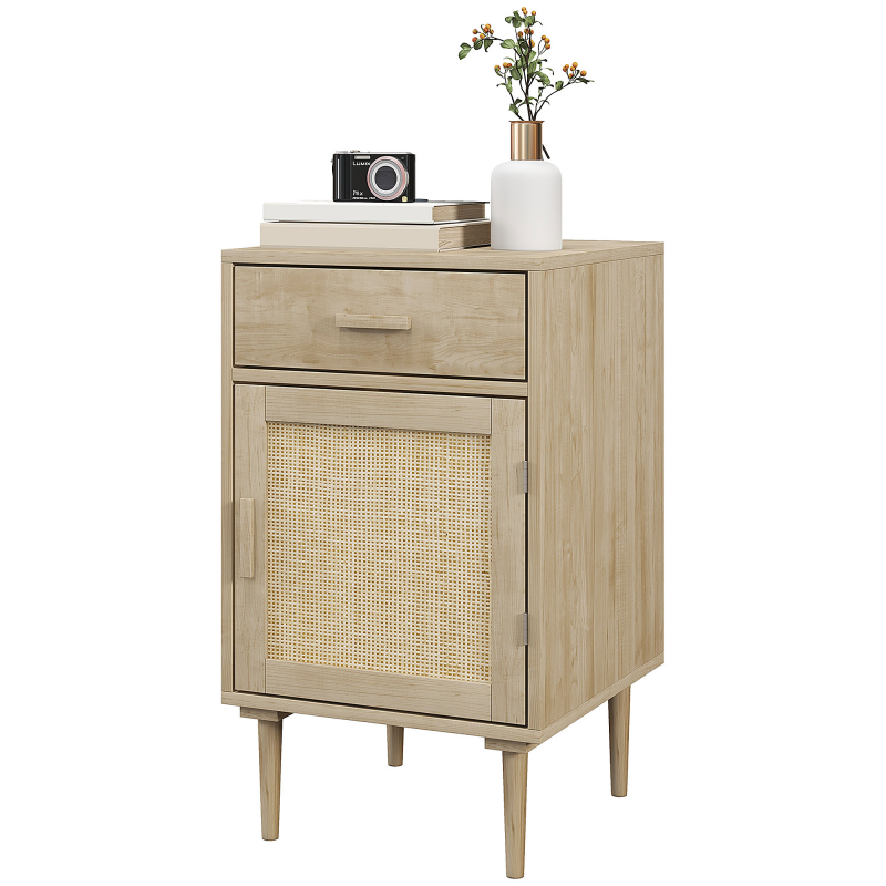 HOMCOM Nachttisch Beistelltisch mit Schrank und geflochtener Rattantür + 1 Schublade Bohème Design - 40 x 40 x 68,5 cm Natur Aosom – Bild 1 von 2