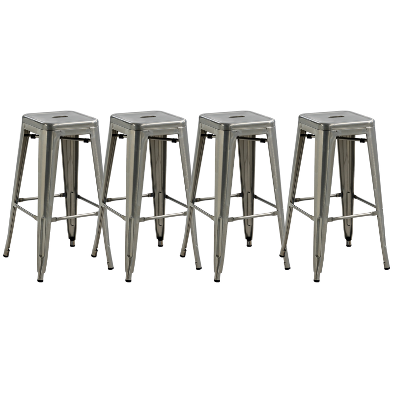 HOMCOM Set mit 4 Stapelbaren Barhockern Industrieller Barhocker mit Fußstütze Sitzhöhe 76 cm Metall Silber Aosom – Bild 1 von 2