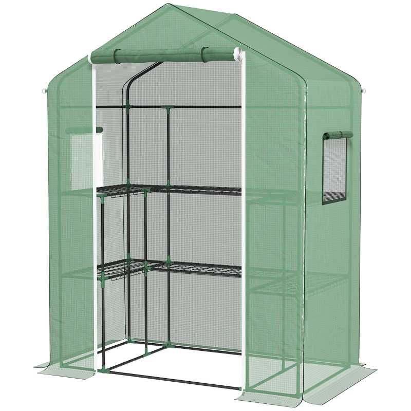Outsunny Gewächshaus mit 1 Tür, 2 Fenstern und 2 U-förmigen Regalen für Gemüse Pflanzen Blumen PE-Abdeckung 140x73x190 cm Grün Aosom – Bild 1 von 2