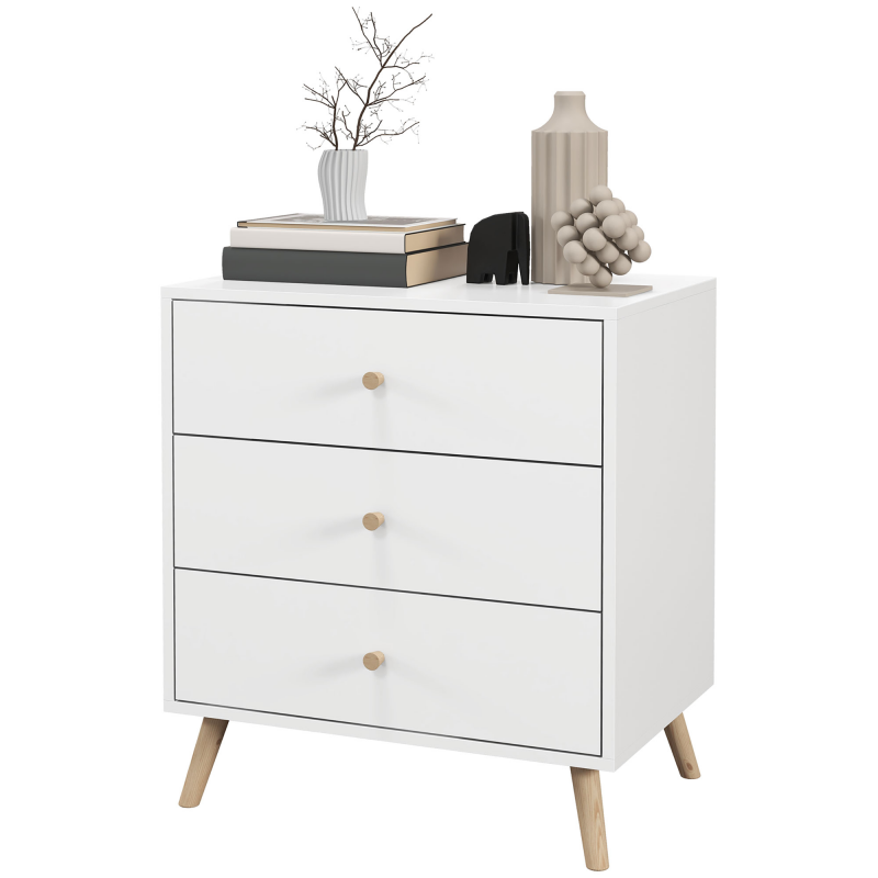 HOMCOM Kommode 3 Schubladen Skandinavisches Design Aufbewahrungsmöbel Weiß Holzgriffe Konische Massivholzbeine aus Kiefer Aosom – Bild 1 von 2