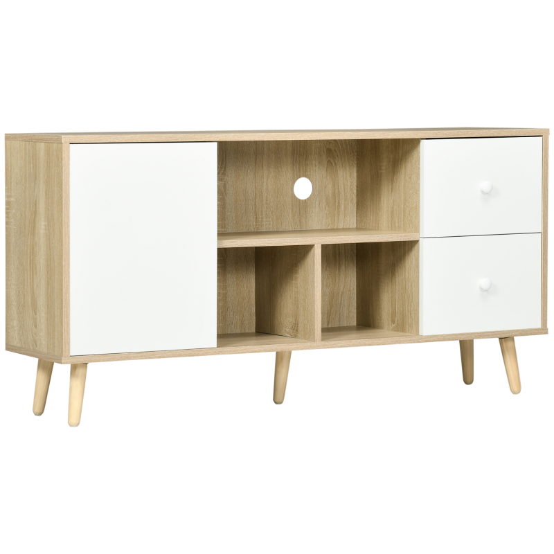 HOMCOM TV-Schrank Fernsehtisch für Fernseher bis zu 45 Zoll Massivholzbeine Skandinavischer Stil 3 Fächer 1 Schrank mit Tür und 2 Schubladen 120 x 30 x 60 cm Aosom – Bild 1 von 2