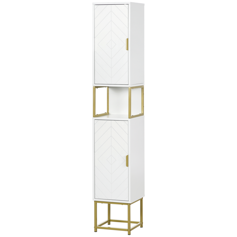 Kleankin Badezimmerschrank mit Nische und 2 Schränken, höhenverstellbarem Regal, Stahlbeinen, weiß, Abmessungen 30L x 30B x 170,7H cm, Gold Aosom – Bild 1 von 2