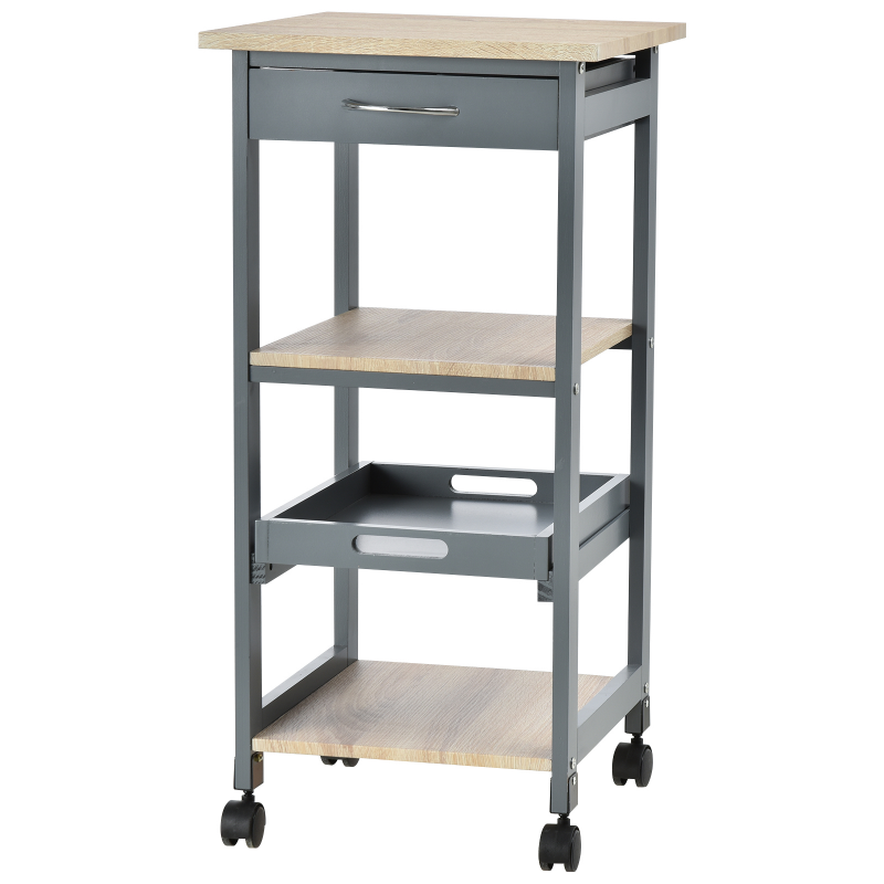 HOMCOM Servierwagen Küchenwagen auf Rollen 2 Regale + abnehmbares Tablett + Schublade Kiefernholz MDF grau Hell Eiche Aosom – Bild 1 von 2