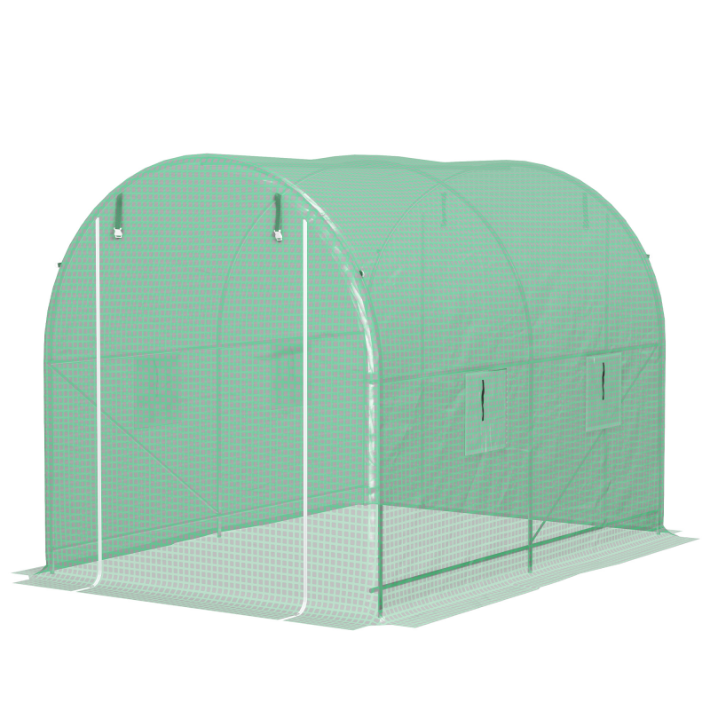 Outsunny Gewächshaus Tunnel Bodenfläche 6 m² 3L x 2B x 2,10H m Verstärktes Metallrohrgestell Doppelte Reißverschlusstür 4 aufrollbare Fenster Grün Aosom – Bild 1 von 2