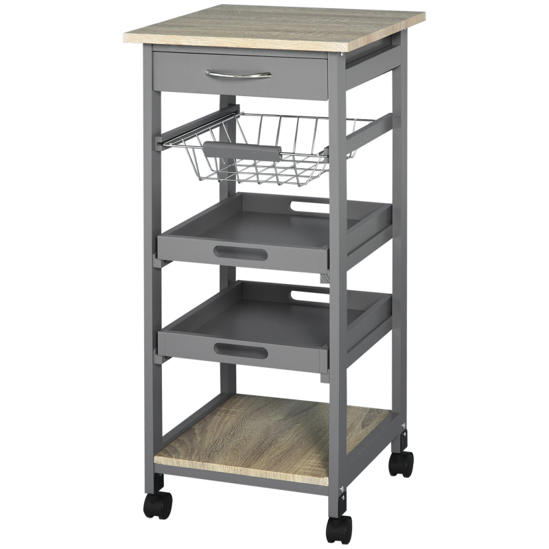 HOMCOM Servierwagen Kücheninsel mit Rollen Korb + 2 herausnehmbare Tabletts, Schublade, Regal aus hellem Eichenholz Pinienholz Grau Aosom – Bild 1 von 2
