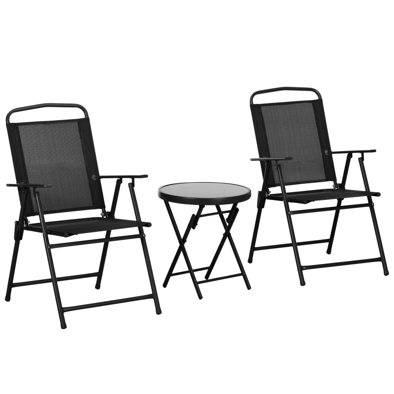 Outsunny Gartenbistro-Set 3-teilig Gartenmöbel-Set 2 klappbare Stühle mit Armlehnen + runder Beistelltisch gehärtetes Glas klappbar Epoxid-Metall atmungsaktives dichtes Netzgewebe Aosom – Bild 1 von 2