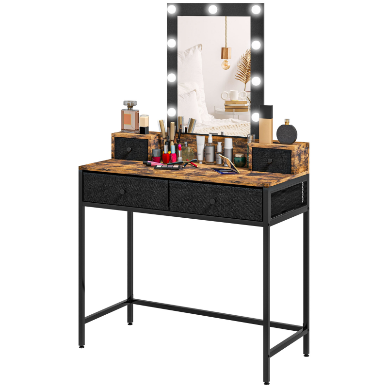 HOMCOM Schminktisch im Industriestil mit integriertem LED-Spiegel - Schwarzmetallfuß - 4 Stoffschubladen - dunkles Holzoptik 90L x 40B x 148H cm Aosom – Bild 1 von 2