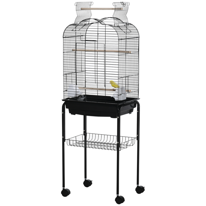 PawHut Vogelkäfig Voliere für Vögel auf Rollen mit aufklappbarem Dach 3 Sitzstangen unteres Regal 46 x 36 x 130 cm Schwarz Aosom – Bild 1 von 2