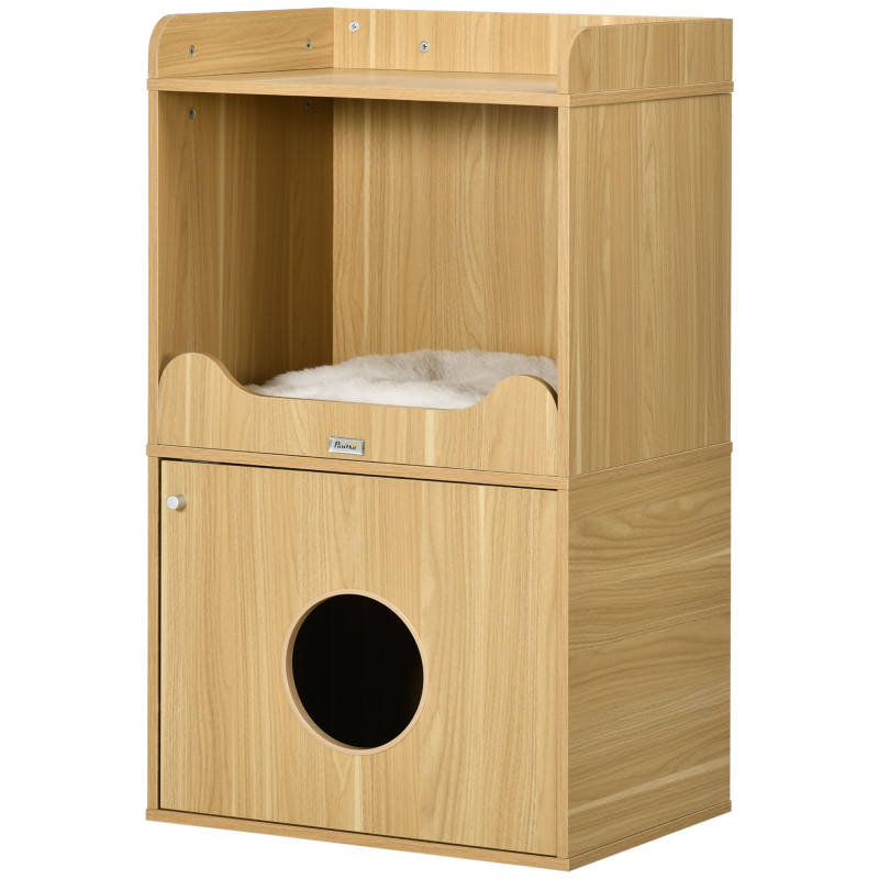 PawHut Katzenklo, Katzenstreu-Möbel, Aufbewahrungsschrank, 3 Ebenen, Fach mit Tür, 1 Kissen, 60 x 45 x 103 cm Aosom – Bild 1 von 2