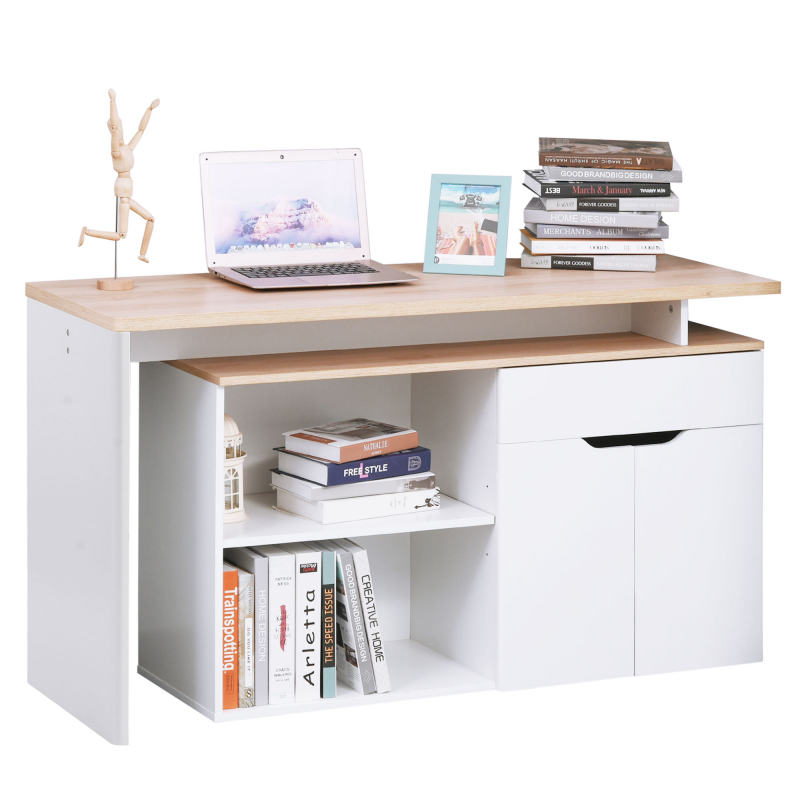 HOMCOM Eckschreibtisch Computertisch Multimedia Modularer Schreibtisch mit Viel Stauraum Doppeltes Fach + Schublade und Schrank in Hellbraun Weiß Aosom – Bild 1 von 2