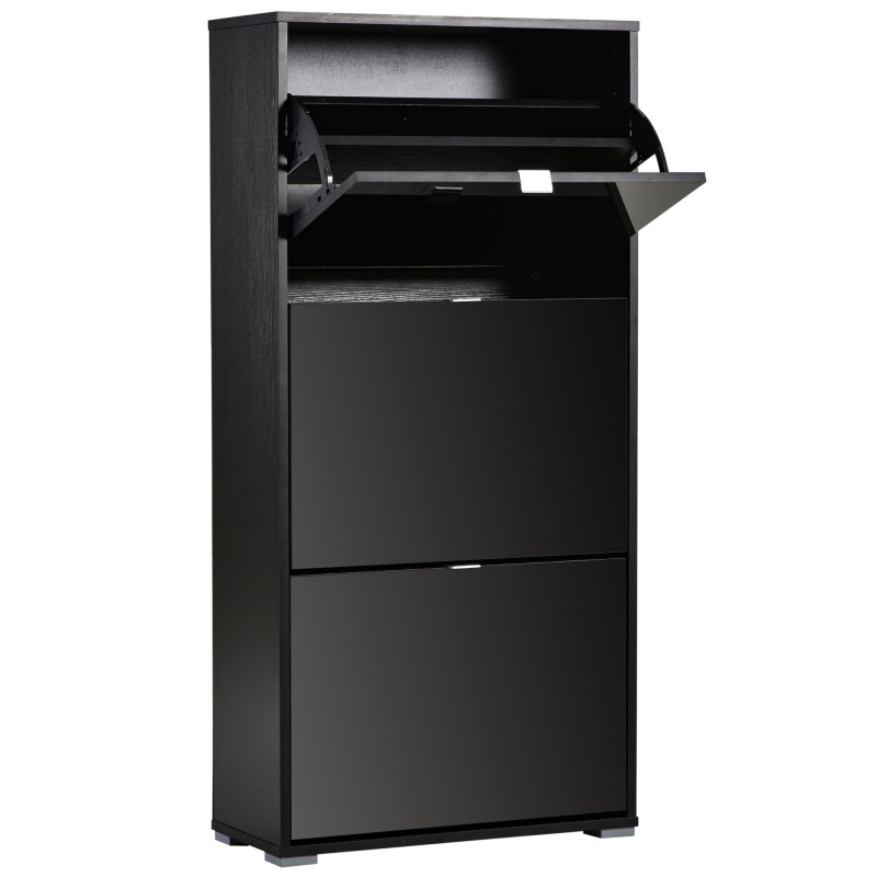 HOMCOM Schuhschrank Schuhkommode 3 aufklappbare Türen 3 Fächer Holz 60B x 26T x 124H cm Schwarz lackiert Aosom – Bild 1 von 2