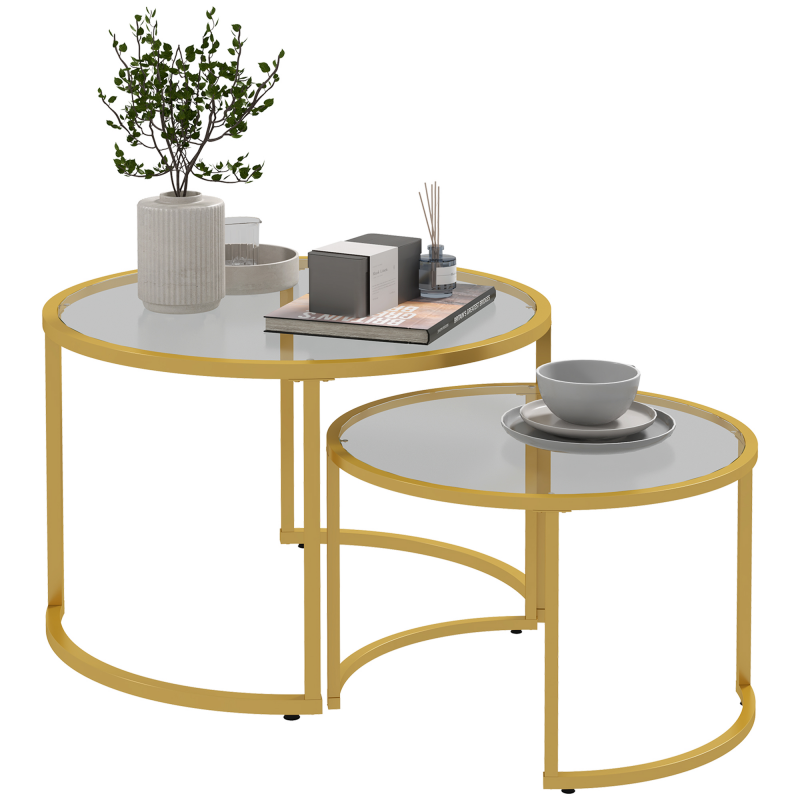 HOMCOM Set mit 2 runden einbettbaren Beistelltischen 70/54 cm mit gehärteter Glasplatte und goldenem modernem Kohlenstoffstahlgestell Aosom – Bild 1 von 2