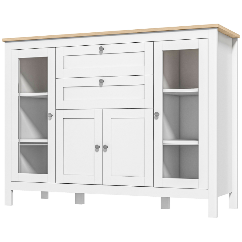 HOMCOM Buffet Esszimmer mit 2 Glastüren 120 x 40 x 90 cm Höhenverstellbare Regale 2 Schubladen 1 Schrank Naturholz und Weiß Aosom – Bild 1 von 2