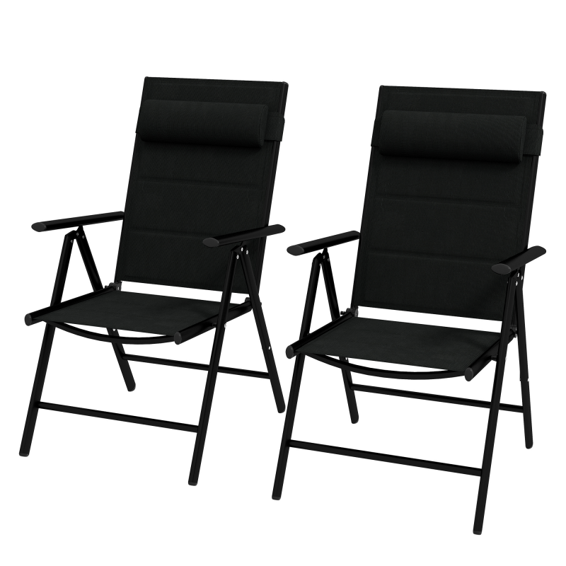 Outsunny Set mit 2 klappbaren Gartensesseln Gartensessel mit Kopfstütze, Armlehnen und Aluminiumrahmen Tragkraft 130 kg für Terrasse 54x67x108 cm Schwarz Aosom – Bild 1 von 2