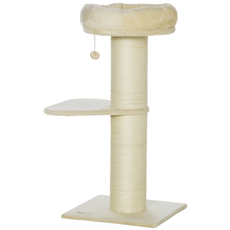 PawHut Katzenbaum Kratzbaum Natürlicher Sisal 2 Plattformen Beobachtungskorb Spielball Plüsch Beige Aosom – Bild 1 von 2