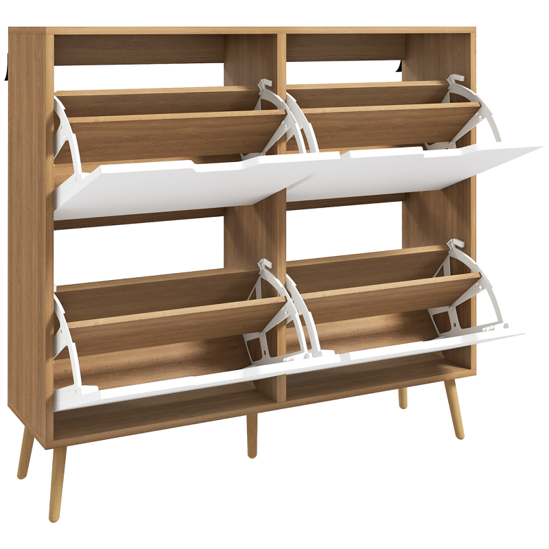 HOMCOM Schuhschrank 4 Klappen, Schuhablage 16 Paare, mit verstellbarem Regal, massiven Kieferfüßen, Schuhaufbewahrung, großer Kapazität für Flur, Eingang, 95 x 26 x 95 cm, Natur Aosom – Bild 1 von 2