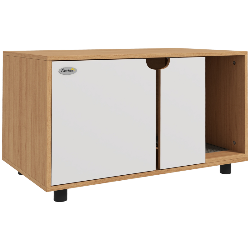 PawHut Katzentoilette, Katzentoilettenversteck, Türen, skandinavischer Stil, Beistelltisch für Haustiere, 2 Belüftungsöffnungen, Sandablaufmatte, Natur und Weiß Aosom – Bild 1 von 2