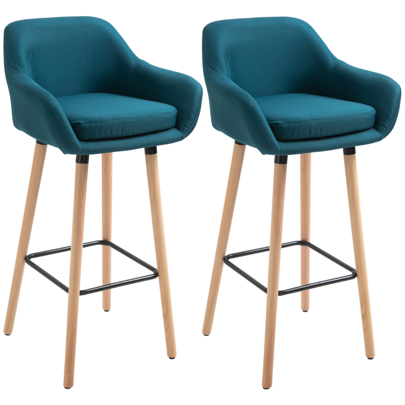 HOMCOM Skandinavische Designer Barhocker - Set mit 2 Barhockern Grand Confort mit Fußstützen und Armlehnen - Massivholz Leinen blau Aosom – Bild 1 von 2