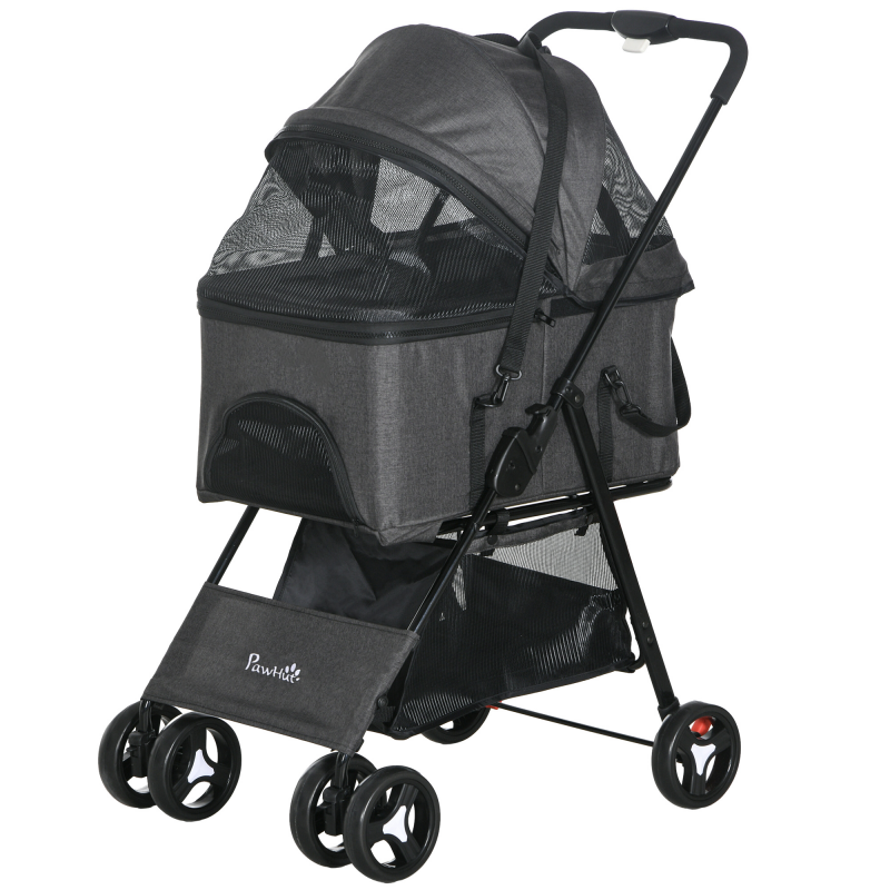 PawHut Hundekinderwagen 3-in-1, klappbarer Buggy für Haustiere, 4 Räder, Transportkorb mit abnehmbarem Griff, Kissen, verstellbares Verdeck, Oxford-Gewebe, Grau Aosom – Bild 1 von 2