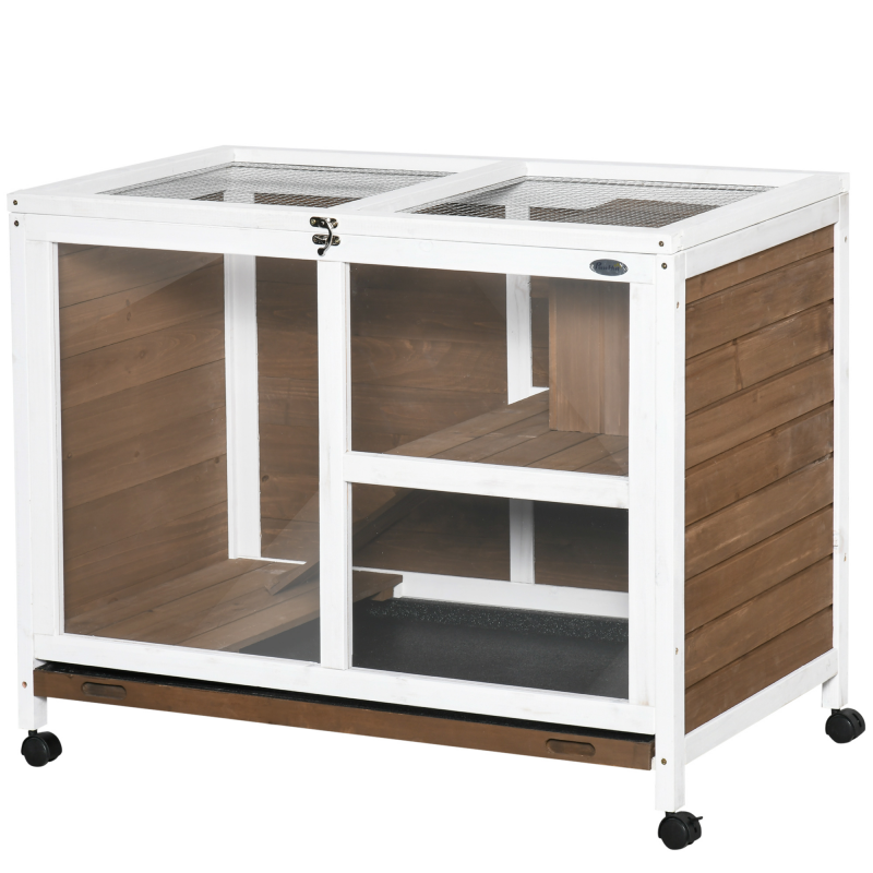 PawHut Kaninchenkäfig Kaninchenstall auf Rollen Kleintiergehege aus Massivholz 2 Etagen aufklappbares Dach Plattformen 91,5 x 53,3 x 73 cm braun Aosom – Bild 1 von 2