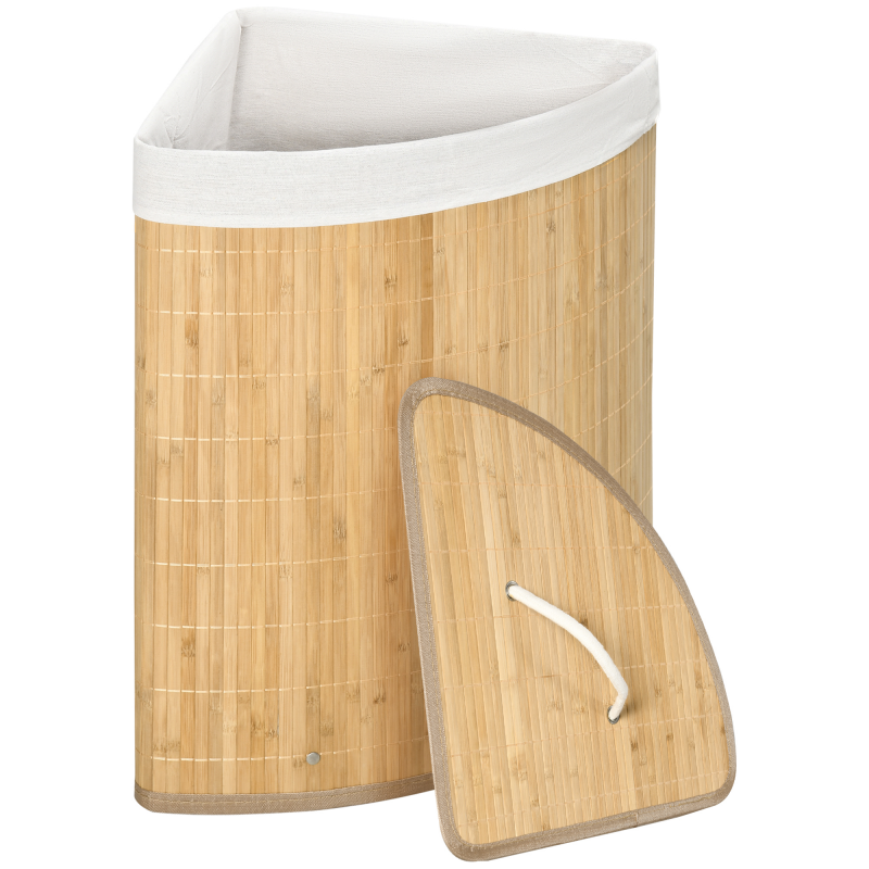 HOMCOM Wäschekorb aus Bambus, Ecke, 55L mit Deckel und abnehmbarem Beutel 38 x 38 x 57 cm Naturholz und Weiß Aosom – Bild 1 von 2