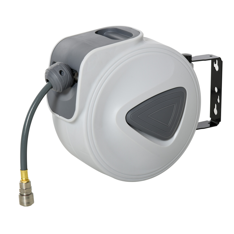 HOMCOM Automatischer Druckluft-Schlauchaufroller - Schlauch: 15 m + 1,4 m - Ø innen 3/8" (9,5 mm), 1/4" (6,35 mm) BSPT - automatische Aufroller für einziehbaren Luftschlauch Grau Aosom – Bild 1 von 2