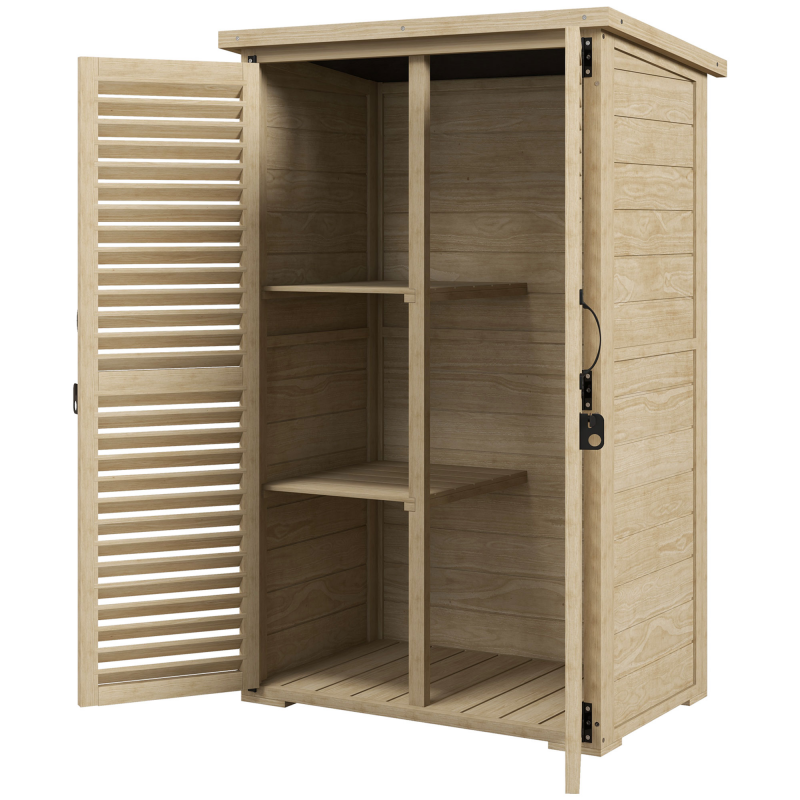 Outsunny Gartenschrank Geräteschuppen aus Holz 2 Regale Bitumendach Lamellentüren abschließbar 75 x 50 x 118 Natur Aosom – Bild 1 von 2