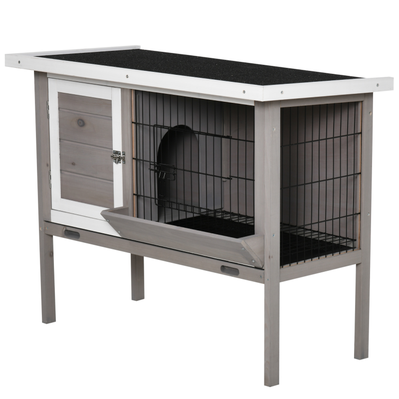 PawHut Hasenkäfig aus Holz für Kaninchen, Außenkäfig für kleine Tiere, mit Asphaltdach, Futternapf, herausnehmbarer Schublade und 2 Türen, 91 x 46 x 71 cm, Grau Aosom – Bild 1 von 2