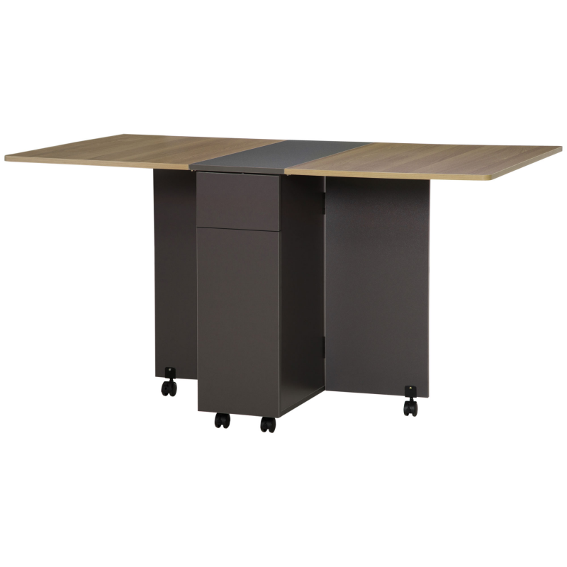 HOMCOM Klappbarer Esstisch auf Rollen mit Stauraum 2 Schubladen und 1 Schrank 76 x 140 x 74 cm Grau und Naturholz Aosom – Bild 1 von 2