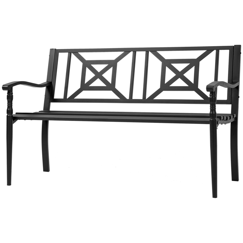 Outsunny Gartenbank 2-Sitzer Gartenbank im Freien Terrasse Patio hohe Rückenlehne Latten Sitzfläche ergonomische Armlehnen Stahl 128 x 62,5 x 81,5 cm schwarz Aosom – Bild 1 von 2