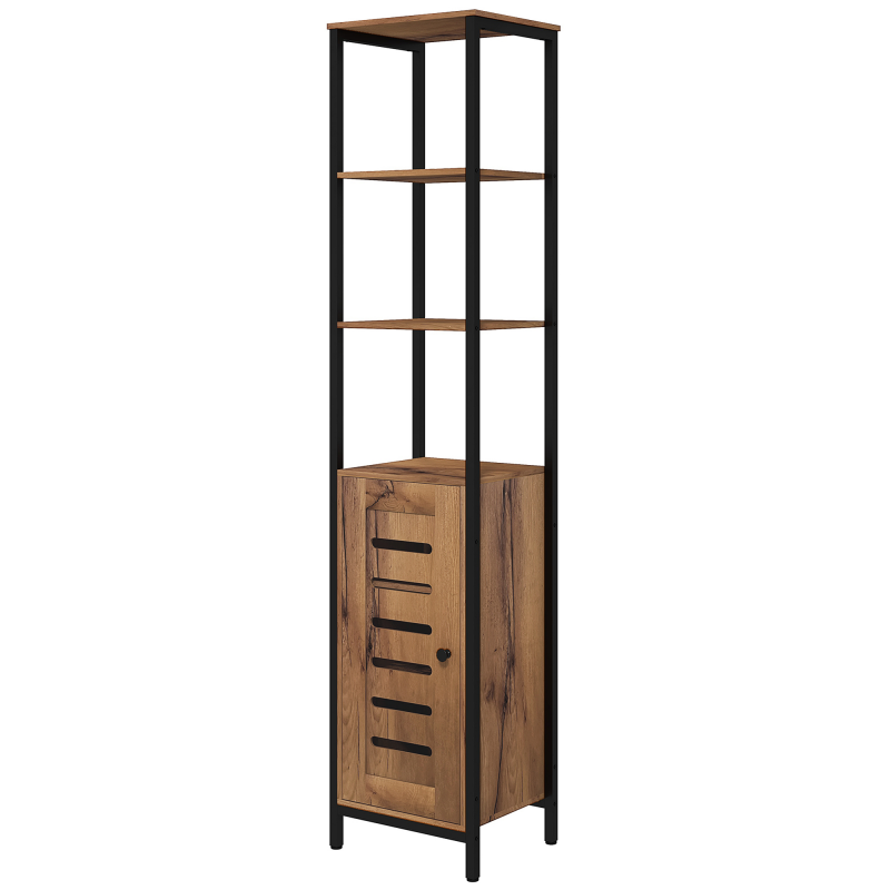 Kleankin Badezimmerschrank, hoher Toilettenschrank, industrielles Design, mit 3 offenen Regalen, Lamellentür und verstellbaren Regalen, rustikales Braun Aosom – Bild 1 von 2