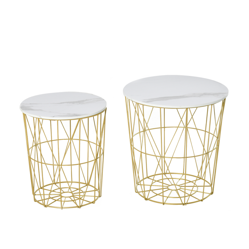 HOMCOM Set aus 2 Nesting-Couchtischen - Runde Beistelltische im völlig retro-inspirierten Stil Bicolor Gestell aus goldenem Metall MDF-Tischplatte mit weißem Marmor-Look Aosom – Bild 1 von 2