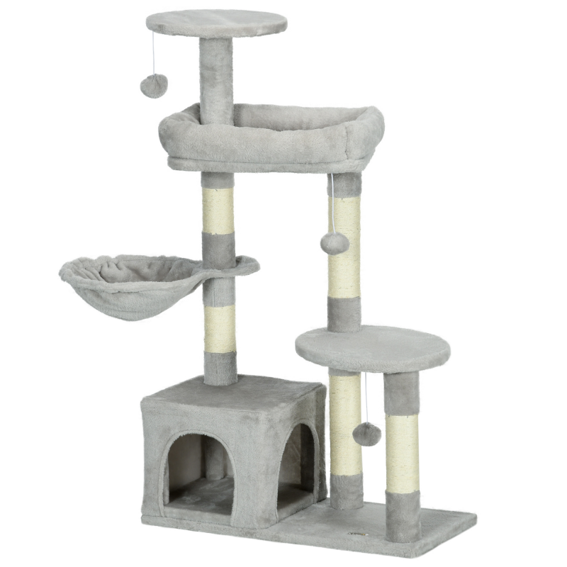 PawHut Kratzbaum Kletterbaum Katzenkratzbaum 104 cm hoch Multi-Aktivitätszentrum mehrstufige Säulen verstärkt 3 hängende Bälle hellgrau Aosom – Bild 1 von 2
