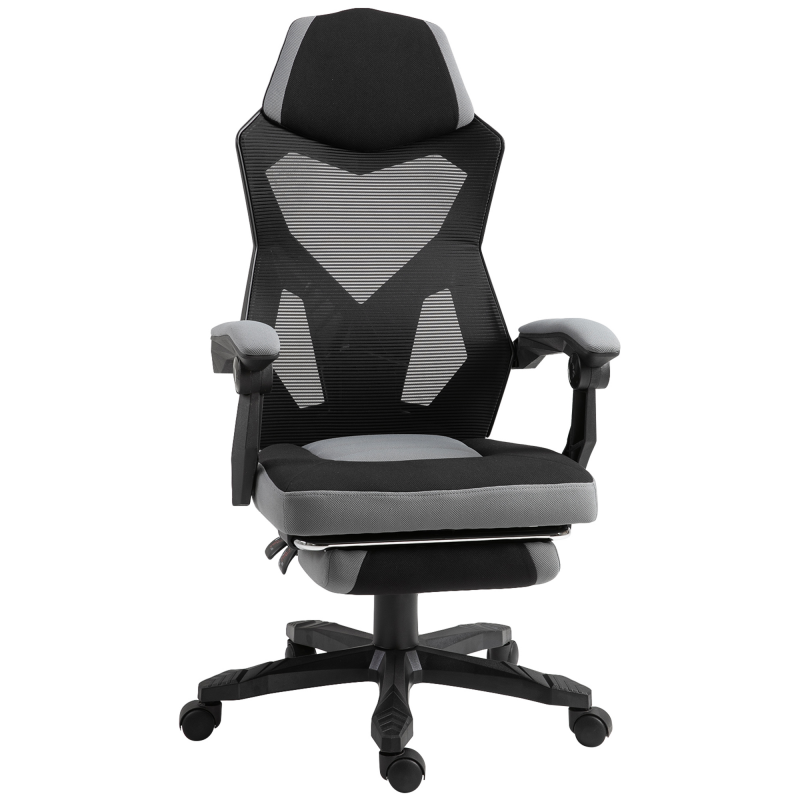 Vinsetto Bürostuhl Gaming-Stuhl höhenverstellbar neigbar 360° drehbar mit 5 Rollen Fußhocker Netzstoff 58B x 63T x 112-122H cm grau schwarz Aosom – Bild 1 von 2