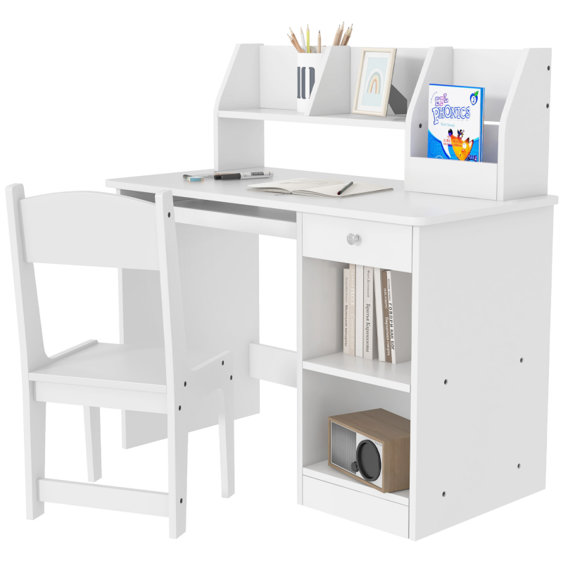 ZONEKIZ Ensemble bureau et chaise pour enfant 5-8 ans mit vielen Stauräumen, ausziehbarer Ablage und Schublade Ideal zum Schreiben, Lesen und Zeichnen in Weiß Aosom – Bild 1 von 2