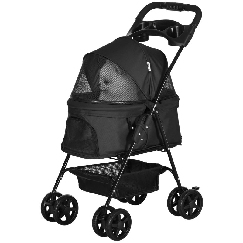 PawHut Faltbarer Hundekinderwagen Buggy für Katzen mit Aufbewahrungskorb, Getränkehalter, 300D Oxford Gewebe wasserdicht, 4 Räder Schwarz Aosom – Bild 1 von 2