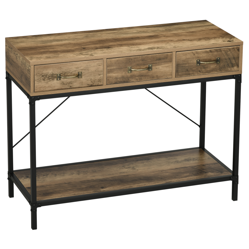 HOMCOM Konsolentisch, Eingangstisch, Couchtisch, Rahmen aus Kohlenstoffstahl, einfacher Aufbau, mit 3 Schubladen und 1 Tischplatte mit Holzoptik, industrielles Design, 100 x 35 x 76,5 cm, Hellbraun Aosom – Bild 1 von 2