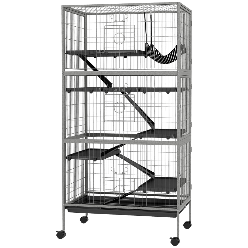 Pawhut Käfig für Nagetiere multifunktional 4 Ebenen 3 Rampen 4 Türen Maße 80L x 52B x 159H cm aus Stahl in Grau-Silber-Schwarz Aosom – Bild 1 von 2