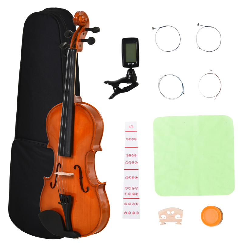 HOMCOM Violine 4/4 Fullsize mit Etui, Stimmgerät, Schulterstütze, Bogen, Kolophonium, Ersatzsaiten und Tuch aus Fichten-Sperrholz und Ahorn Aosom – Bild 1 von 2