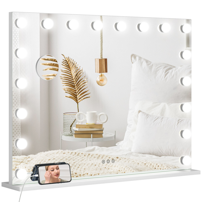 HOMCOM Hollywood Make-up-Spiegel mit einstellbarer LED-Beleuchtung und Vergrößerungsspiegel Frisiertisch-Spiegel USB-Ladeanschluss, Telefonständer - 80 x 62 cm Aosom – Bild 1 von 2