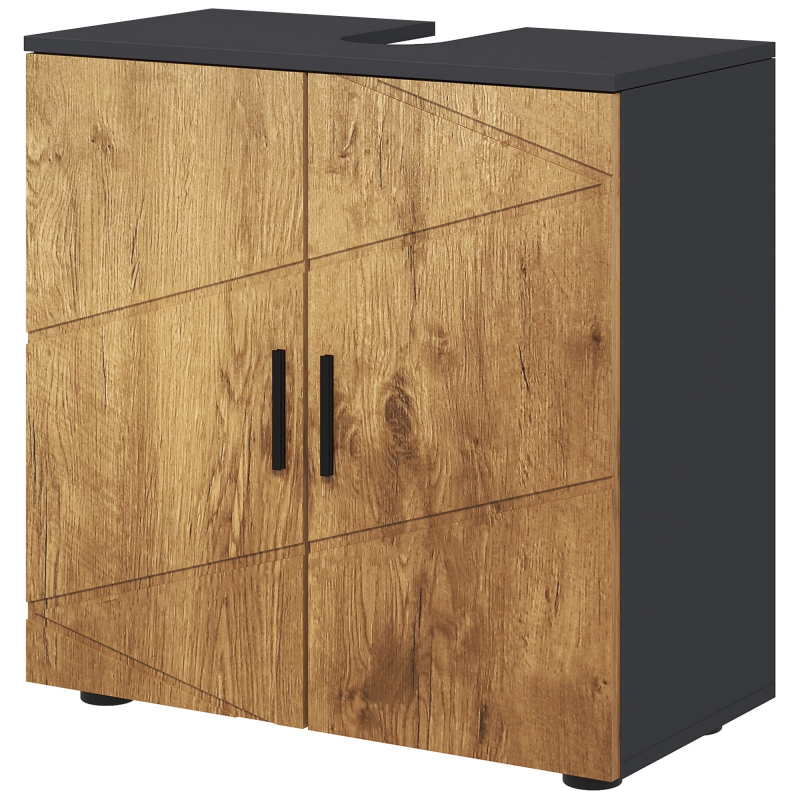 kleankin Waschbeckenunterschrank Badezimmermöbel 2 Türen mit höhenverstellbarem Regal Aufbewahrungsschrank für Waschbecken 60 x 30 x 60 cm Anthrazitgrau und Naturholzoptik Aosom – Bild 1 von 2