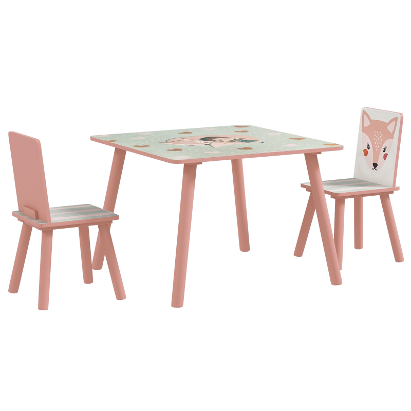 ZONEKIZ Kindertisch und Stuhlset, Kindertisch mit 2 Stühlen, Tiermuster für Kinderzimmer, Spielzimmer, Kiefernholzbeine rosa Aosom – Bild 1 von 2