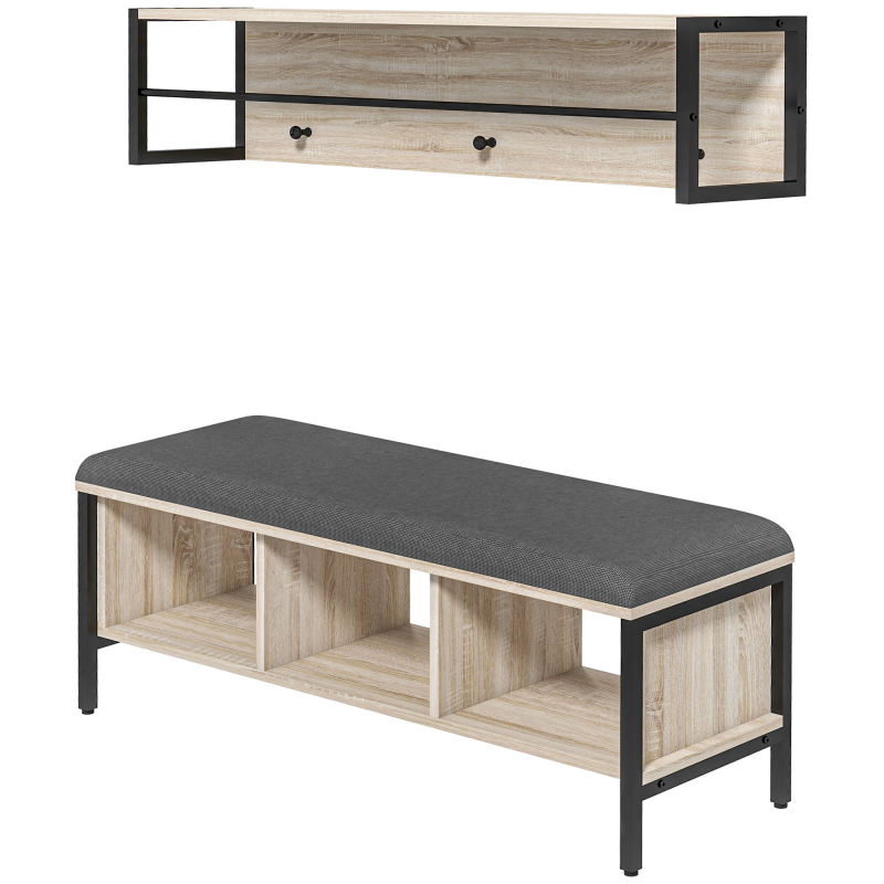 HOMCOM 2-in-1 Eingangsmöbelset Schuhablagebank mit 3 Fächern und Wandgarderobe mit 3 Haken und Stange - Gepolsterte Sitzbank - Natur und Schwarz Aosom – Bild 1 von 2