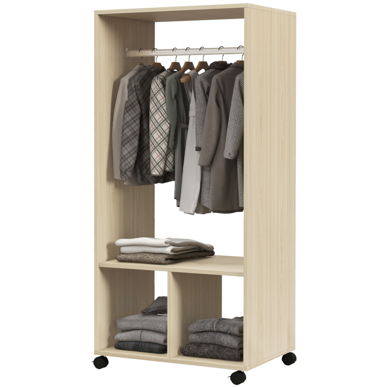 HOMCOM Schrank mit Regal 2 Fächer Kleiderstange 4 schwenkbare Rollen Maße 60L x 40B x 128H cm Naturholz Aosom – Bild 1 von 2