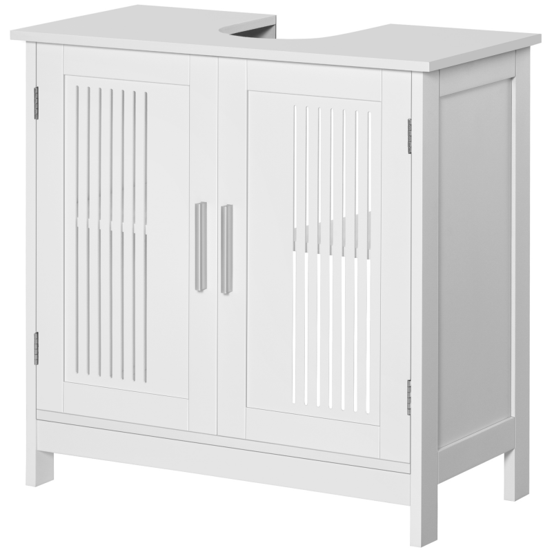 Kleankin Badezimmer-Unterschrank - Waschtischunterschrank - 2 gerillte Türen mit höhenverstellbarem Regal - Griffe aus Aluminiumlegierung - Maße 60L x 30B x 60H cm - MDF Weiß Aosom – Bild 1 von 2